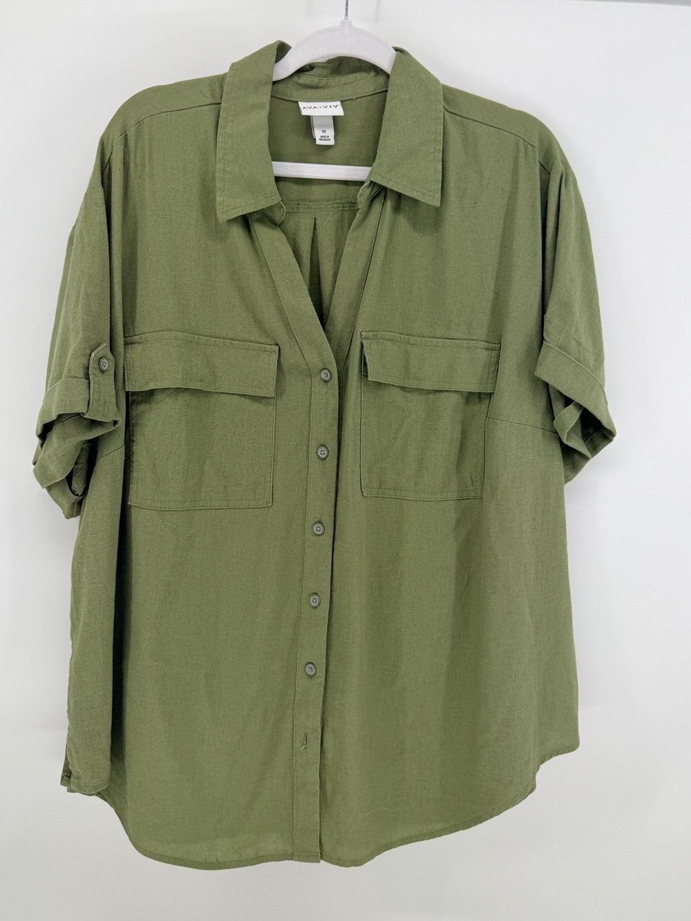Ava & Viv Olive Green Linen Blend Utility Button Down Shirt 1X